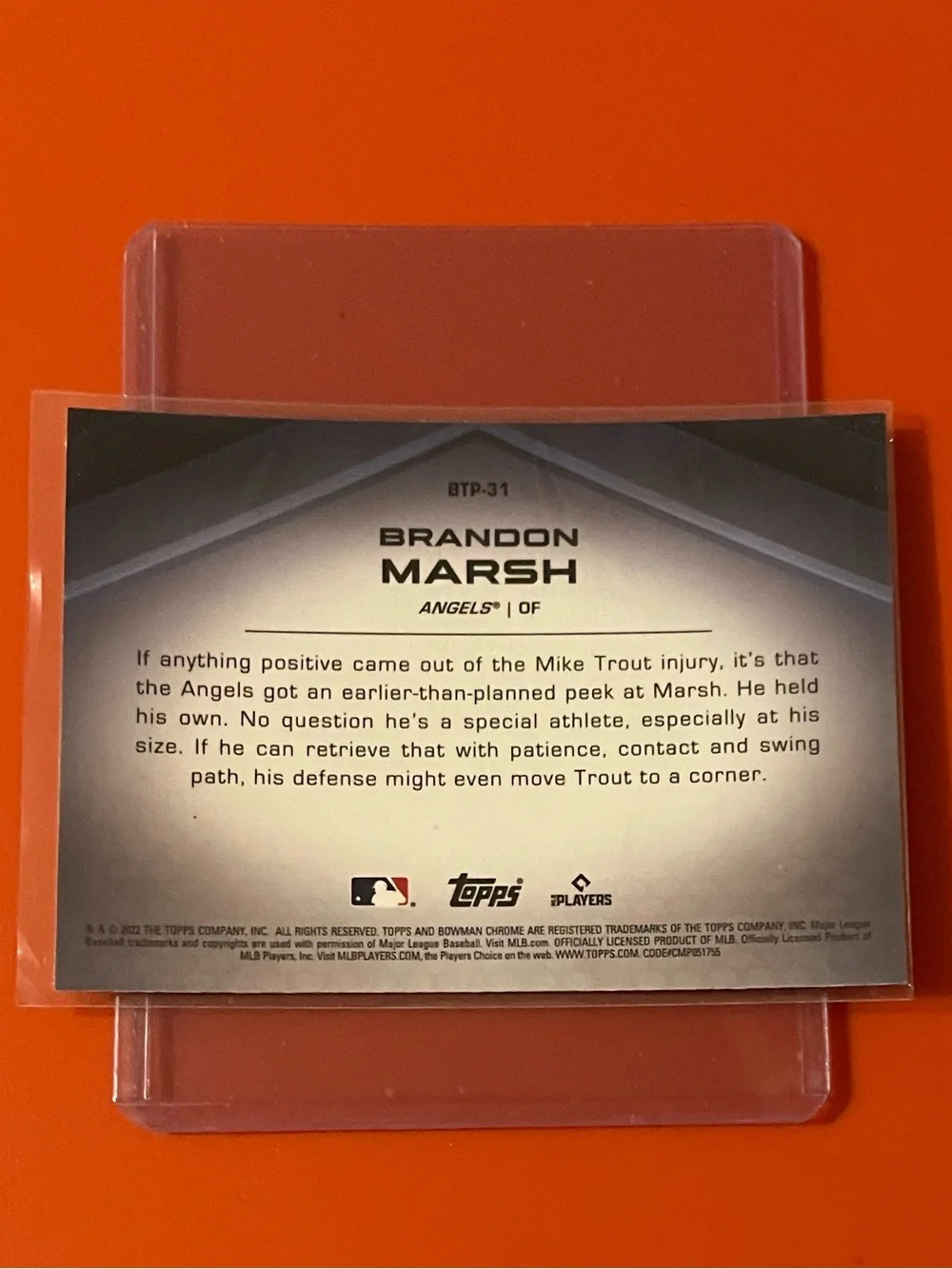 Brandon Marsh #BTP-31 2022 Bowman Chrome [Scouts’ Top 100] Baseball Trading Card